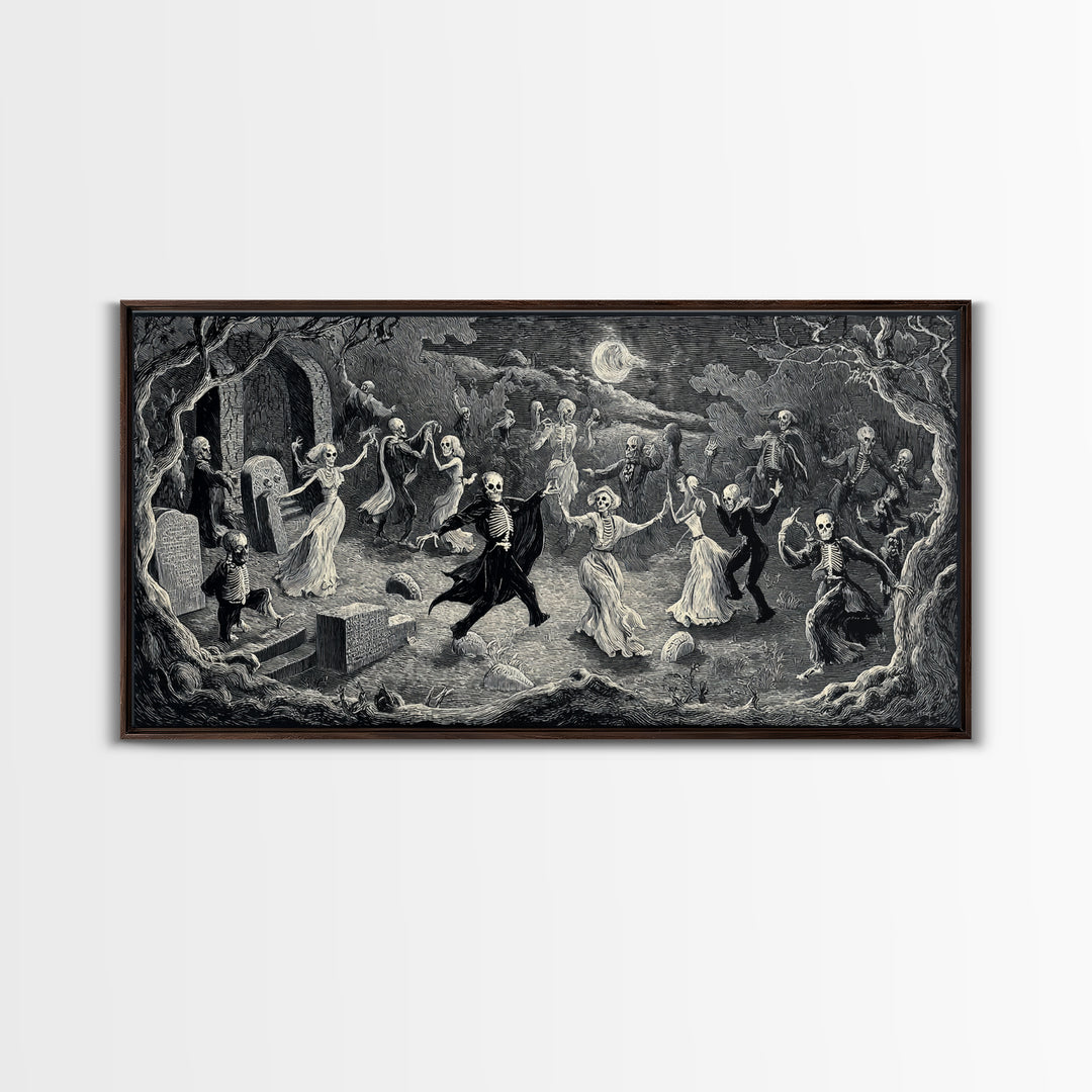 The Graveyard Dance, Expressionist Nightmare Art, Wide Panoramic Art, Dark Fantasy Wall Art, Framed Canvas Print, Halloween Wall Art