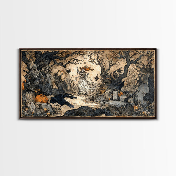 The Graveyard Dance, Gothic Storybook Art, Wide Panoramic Art, Dark Halloween Decor, Canvas Print, Halloween Wall Art