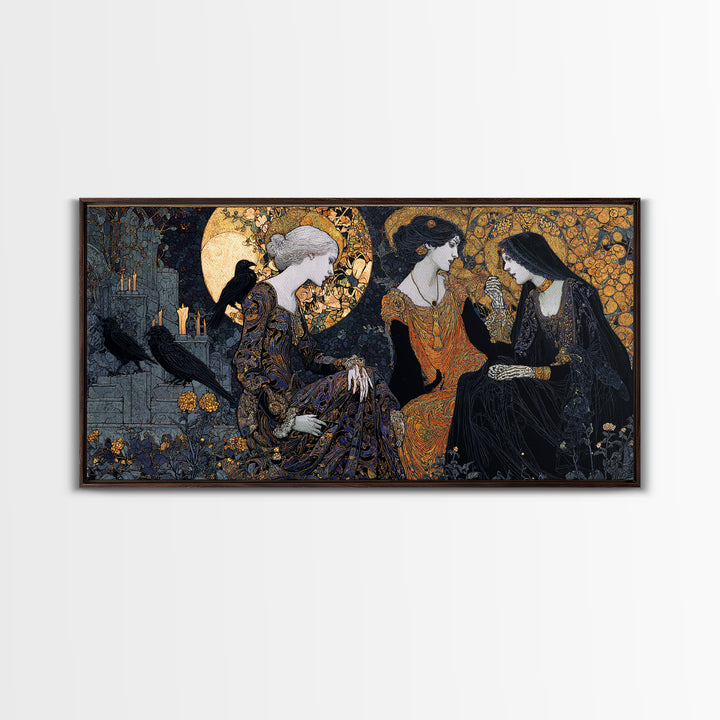 The Graveyard Dance, Stained Glass Gothic Art, Wide Panoramic Art, Dark Halloween Decor, Framed Canvas Print, Halloween Wall Art