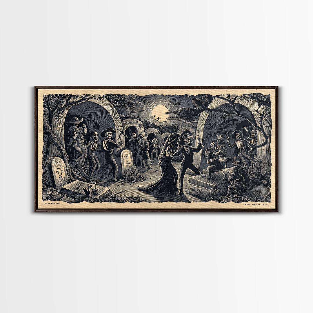 The Graveyard Dance, Macabre Folk Print Art, Wide Panoramic Art, Macabre Wall Art, Canvas Print, Halloween Wall Art