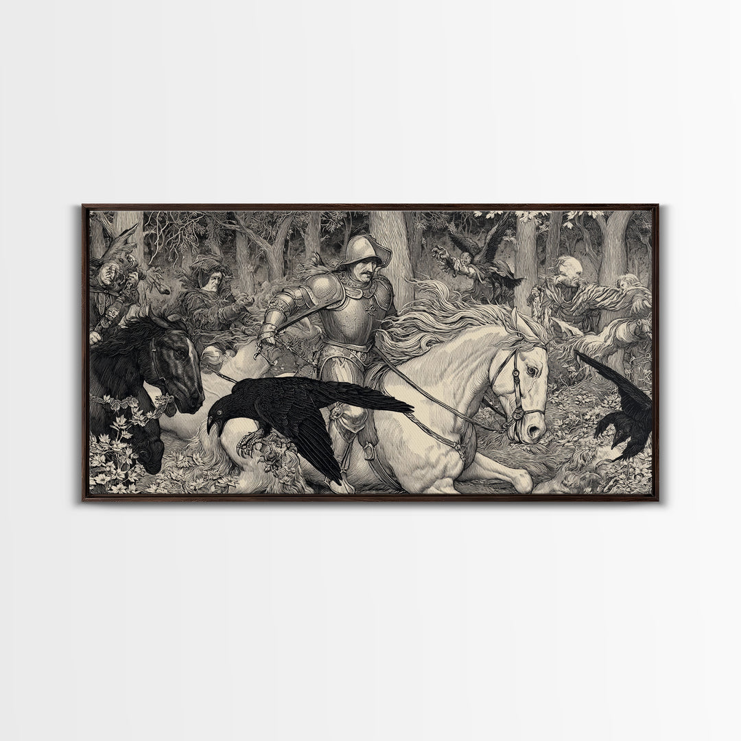 The Haunted Hayride, Renaissance Engraving Art, Wide Panoramic Art, Gothic Horror Wall Art, Framed Canvas Print, Halloween Wall Art