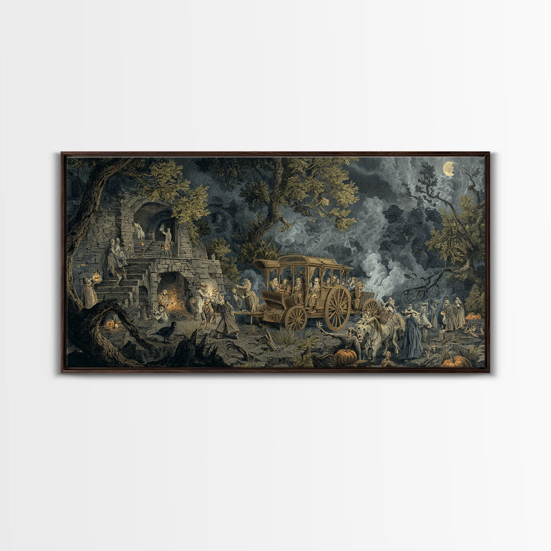 The Haunted Hayride, Architectural Etching Art, Wide Panoramic Art, Dark Fantasy Wall Art, Framed Canvas Print