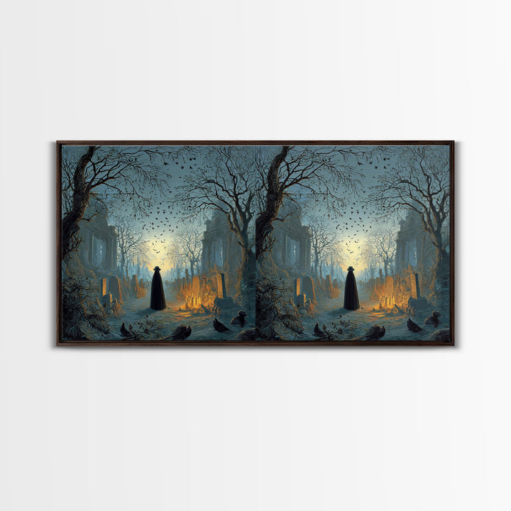 The Haunted Hayride, Romantic Gothic Landscape, Wide Panoramic Art, Dark Fantasy Wall Art, Framed Canvas Print, Halloween Wall Art