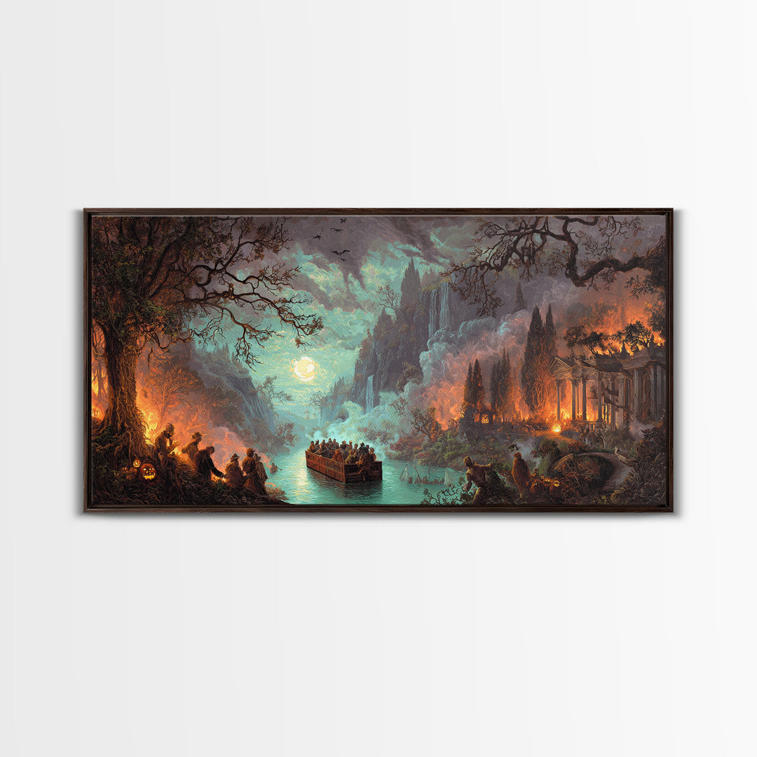The Haunted Hayride, Apocalyptic Romantic Art, Wide Panoramic Art, Gothic Horror Wall Art, Framed Canvas Print, Halloween Wall Art