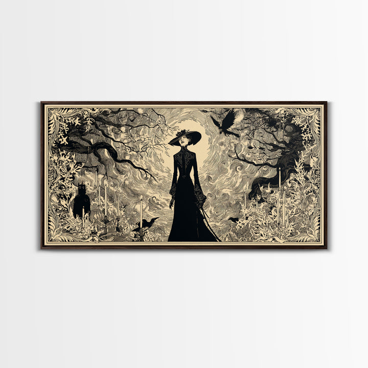 The Haunted Hayride, Decadent Line Art, Wide Panoramic Art, Dark Fantasy Wall Art, Canvas Print, Halloween Wall Art