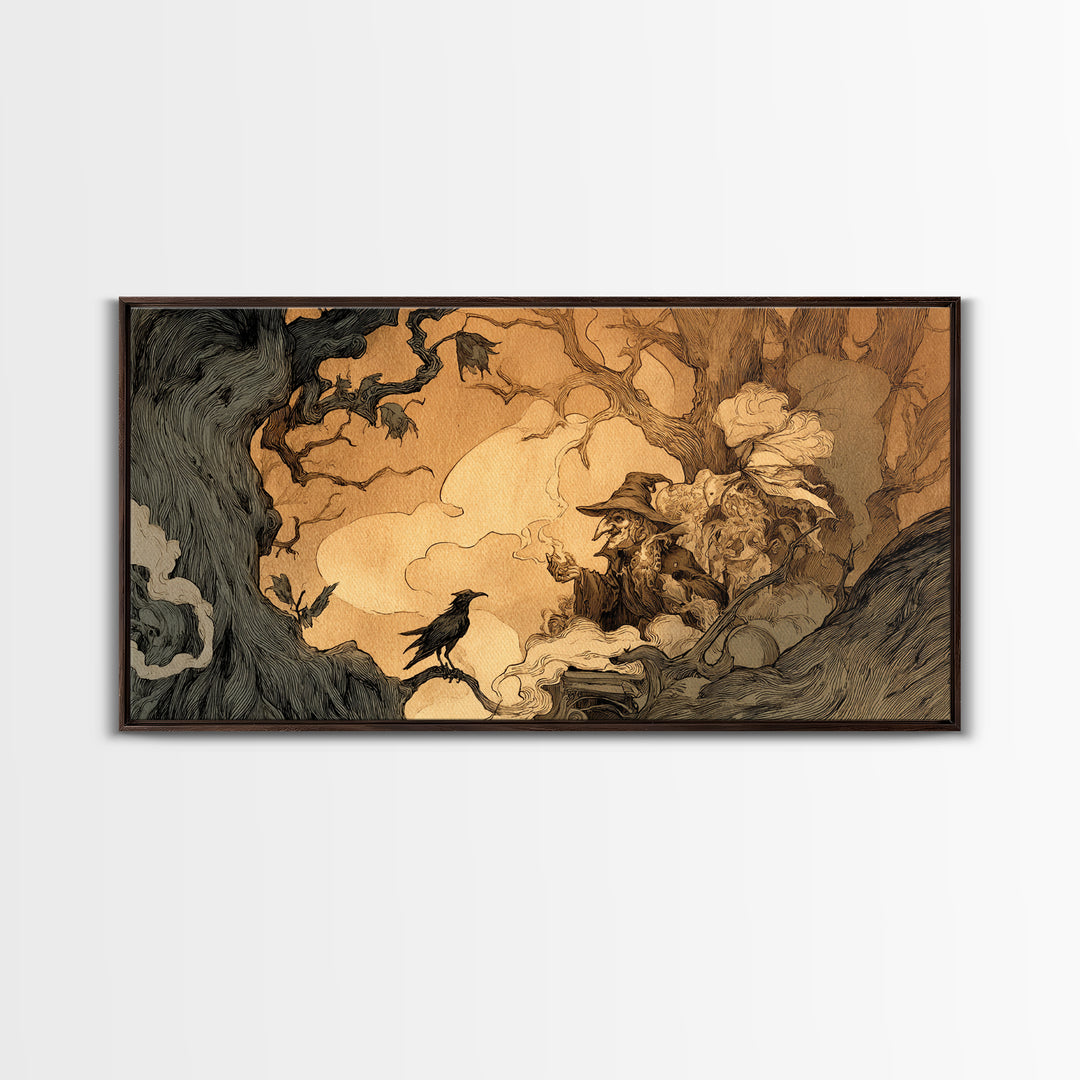 The Haunted Hayride, Gothic Storybook Art, Wide Panoramic Art, Dark Halloween Decor, Framed Canvas Print, Halloween Wall Art