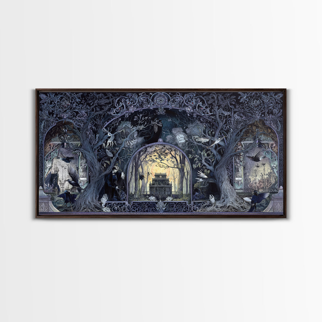 The Haunted Hayride, Stained Glass Gothic Art, Wide Panoramic Art, Gothic Horror Wall Art, Framed Canvas Print, Halloween Wall Art