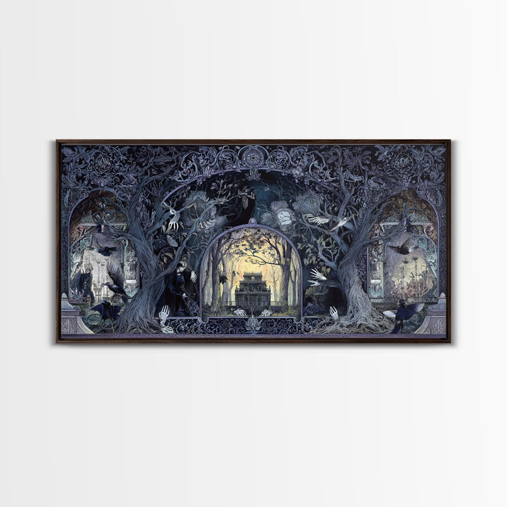 The Haunted Hayride, Stained Glass Gothic Art, Wide Panoramic Art, Gothic Horror Wall Art, Framed Canvas Print, Halloween Wall Art