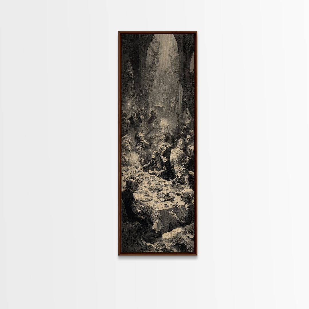 The Zombie Picnic, Gothic Engraving Art, Tall Narrow Wall Art, Dark Halloween Decor, Canvas Print, Halloween Wall Art