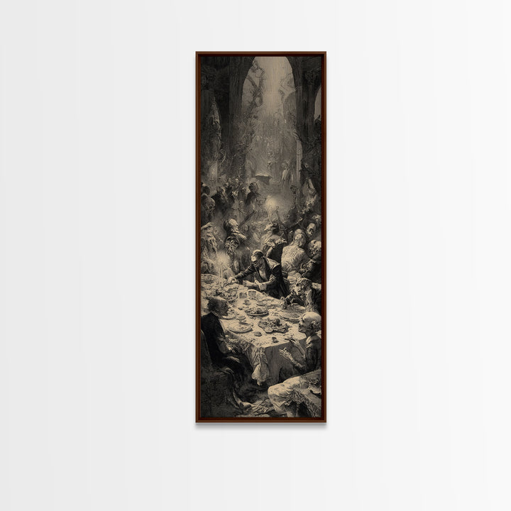 The Zombie Picnic, Gothic Engraving Art, Tall Narrow Wall Art, Dark Halloween Decor, Canvas Print, Halloween Wall Art