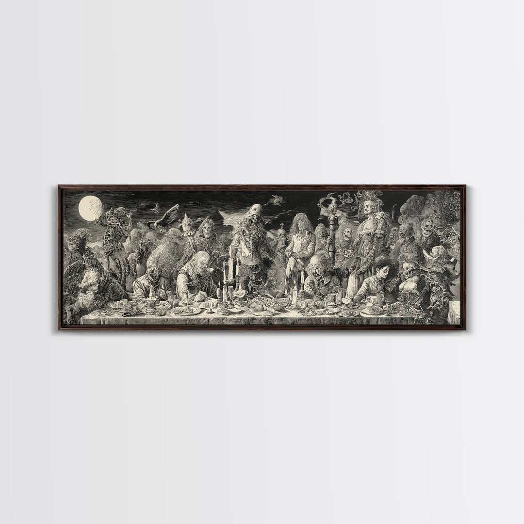 The Zombie Picnic, Renaissance Engraving Art, Extra Wide Wall Art, Dark Halloween Decor, Framed Canvas Print, Halloween Wall Art