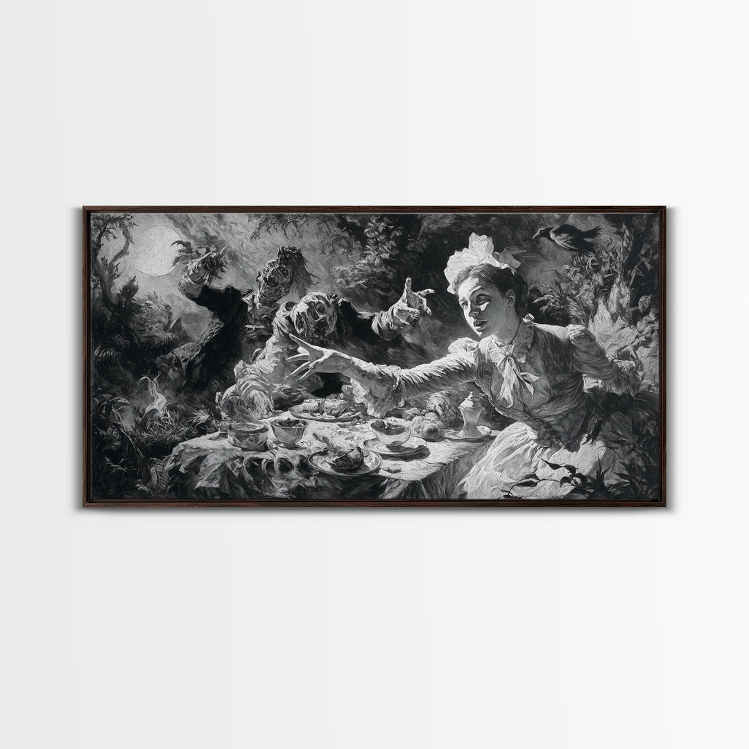 The Zombie Picnic, Dark Romantic Horror Art, Wide Panoramic Art, Gothic Horror Wall Art, Canvas Print, Halloween Wall Art