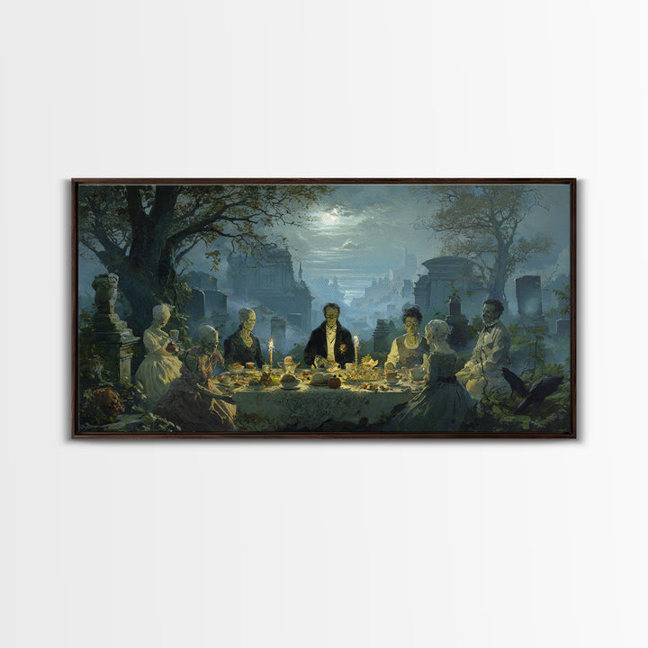 The Zombie Picnic, Romantic Gothic Landscape, Wide Panoramic Art, Dark Halloween Decor, Canvas Print, Halloween Wall Art