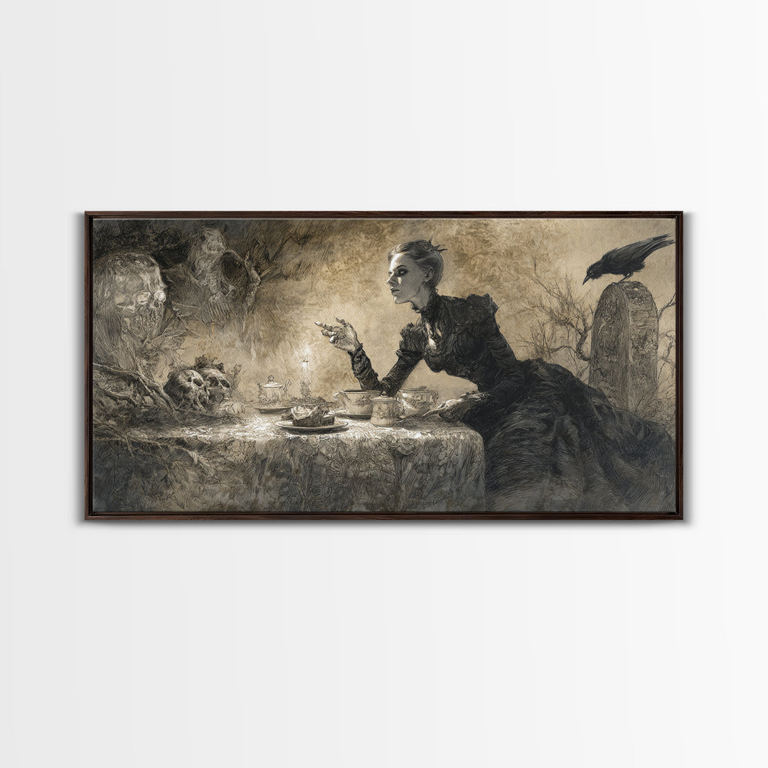 The Zombie Picnic, Symbolist Dream Art, Wide Panoramic Art, Macabre Wall Art, Framed Canvas Print, Halloween Wall Art