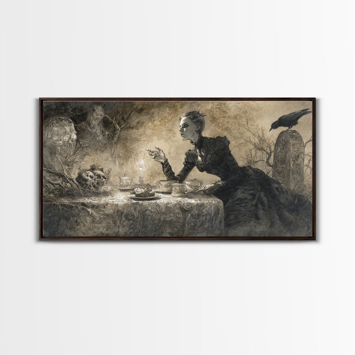 The Zombie Picnic, Symbolist Dream Art, Wide Panoramic Art, Macabre Wall Art, Framed Canvas Print, Halloween Wall Art