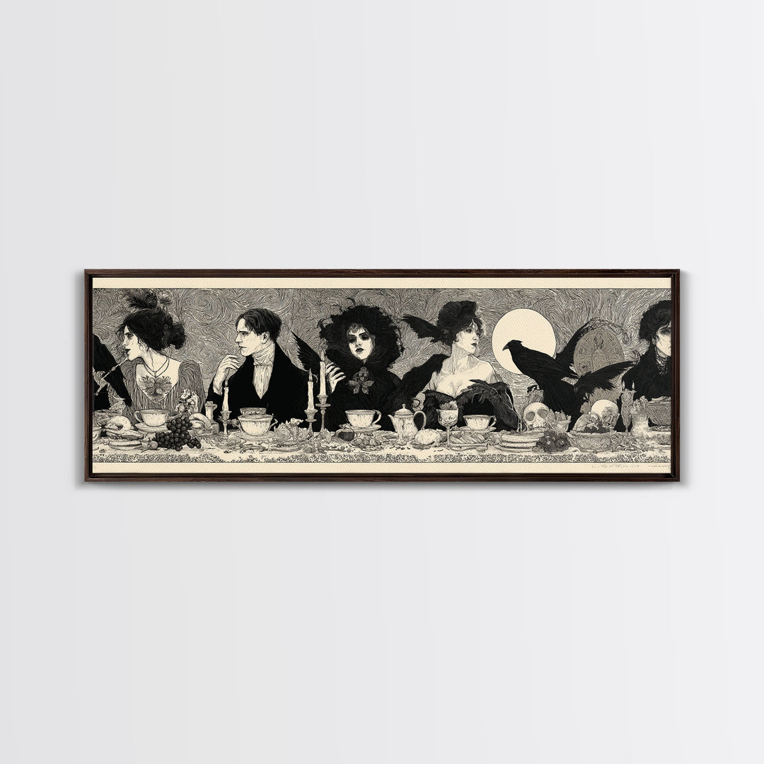 The Zombie Picnic, Decadent Line Art, Extra Wide Wall Art, Dark Halloween Decor, Framed Canvas Print, Halloween Wall Art