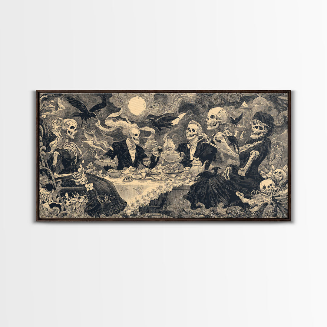 The Zombie Picnic, Macabre Folk Print Art, Wide Panoramic Art, Macabre Wall Art, Framed Canvas Print, Halloween Wall Art