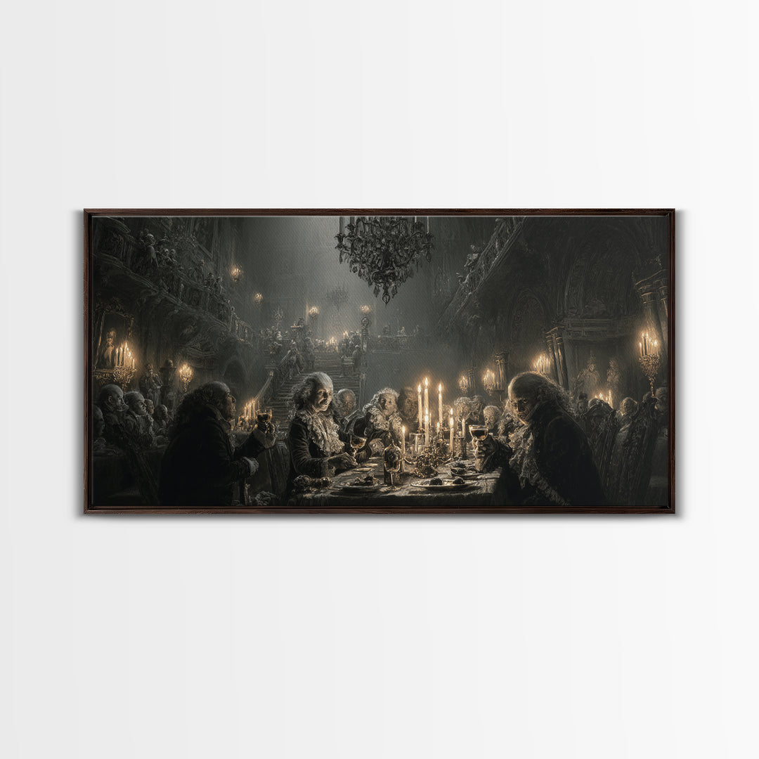 The Vampire Banquet, Architectural Etching Art, Wide Panoramic Art, Gothic Horror Wall Art, Canvas Print, Halloween Wall Art