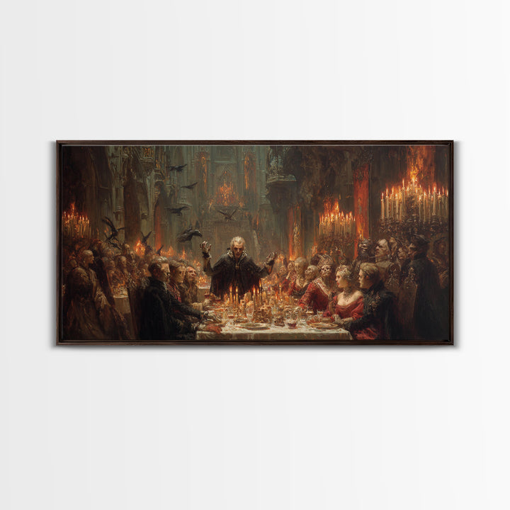 The Vampire Banquet, Apocalyptic Romantic Art, Wide Panoramic Art, Dark Fantasy Wall Art, Framed Canvas Print, Halloween Wall Art