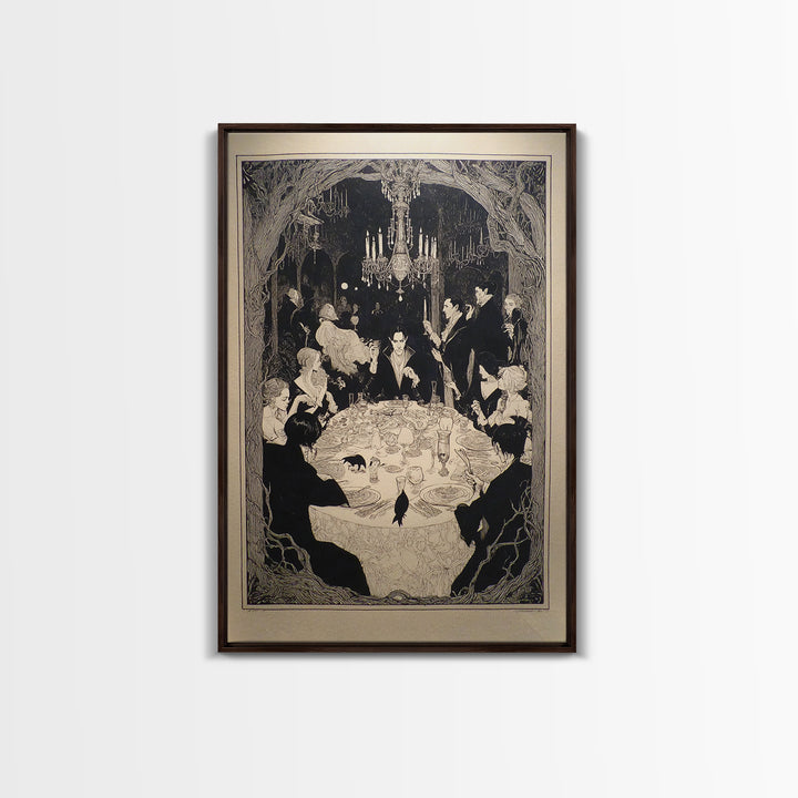 The Vampire Banquet, Decadent Line Art, Vertical Wall Art, Gothic Horror Wall Art, Framed Canvas Print, Halloween Wall Art