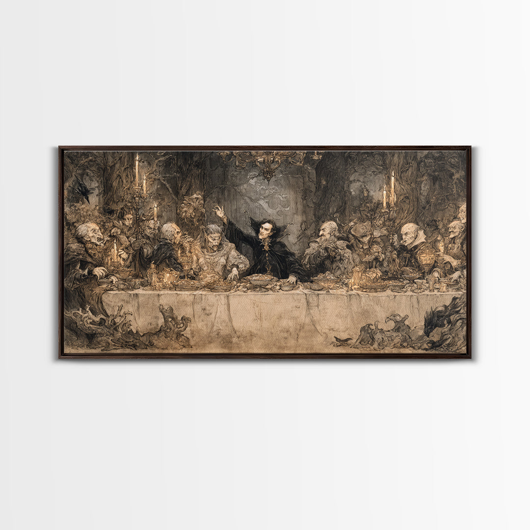 The Vampire Banquet, Gothic Storybook Art, Wide Panoramic Art, Dark Fantasy Wall Art, Canvas Print, Halloween Wall Art