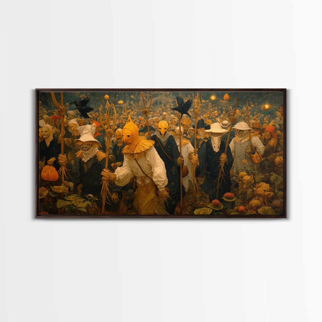 The Scarecrow Uprising, Medieval Grotesque Art, Wide Panoramic Art, Macabre Wall Art, Framed Canvas Print, Halloween Wall Art