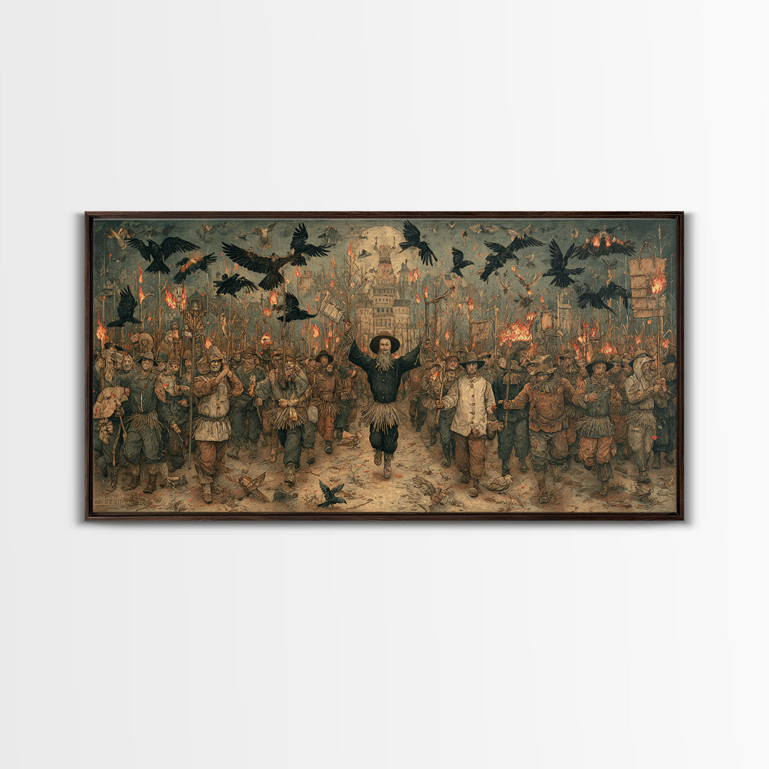 The Scarecrow Uprising, Northern Renaissance Horror, Wide Panoramic Art, Macabre Wall Art, Framed Canvas Print, Halloween Wall Art