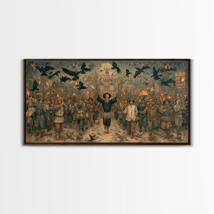 The Scarecrow Uprising, Northern Renaissance Horror, Wide Panoramic Art, Macabre Wall Art, Framed Canvas Print, Halloween Wall Art