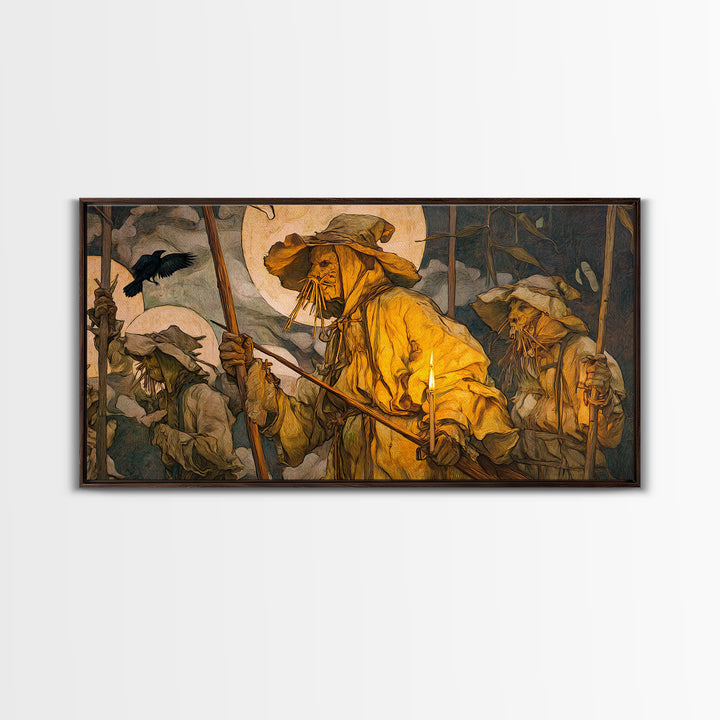 The Scarecrow Uprising, Dark Renaissance Art, Wide Panoramic Art, Dark Halloween Decor, Framed Canvas Print, Halloween Wall Art