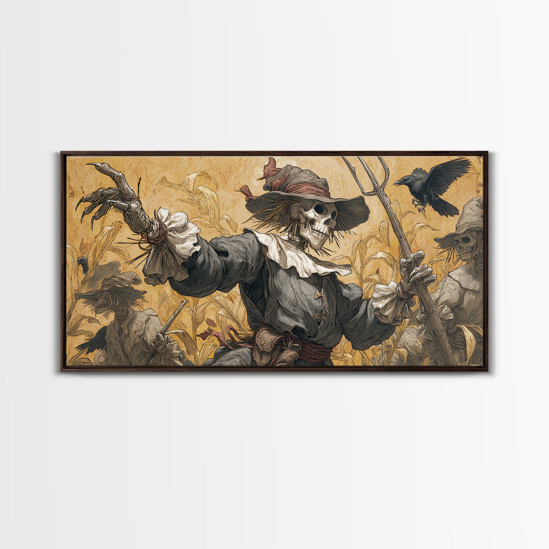 The Scarecrow Uprising, Danse Macabre Art, Wide Panoramic Art, Macabre Wall Art, Framed Canvas Print, Halloween Wall Art