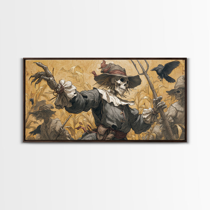 The Scarecrow Uprising, Danse Macabre Art, Wide Panoramic Art, Macabre Wall Art, Framed Canvas Print, Halloween Wall Art