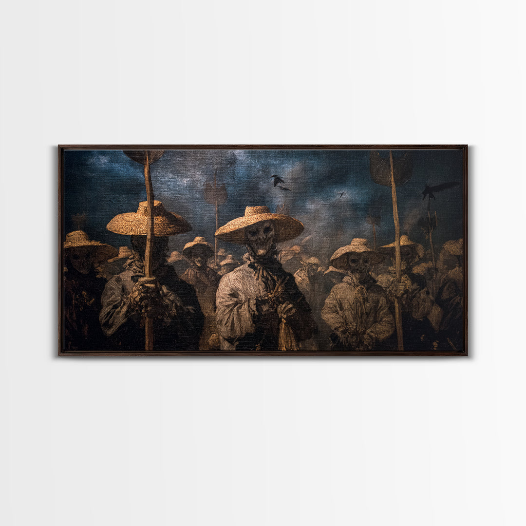 The Scarecrow Uprising, Dark Romantic Horror Art, Wide Panoramic Art, Macabre Wall Art, Framed Canvas Print, Halloween Wall Art