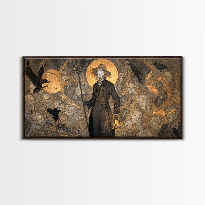 The Scarecrow Uprising, Gothic Nightmare Art, Wide Panoramic Art, Dark Halloween Decor, Framed Canvas Print, Halloween Wall Art
