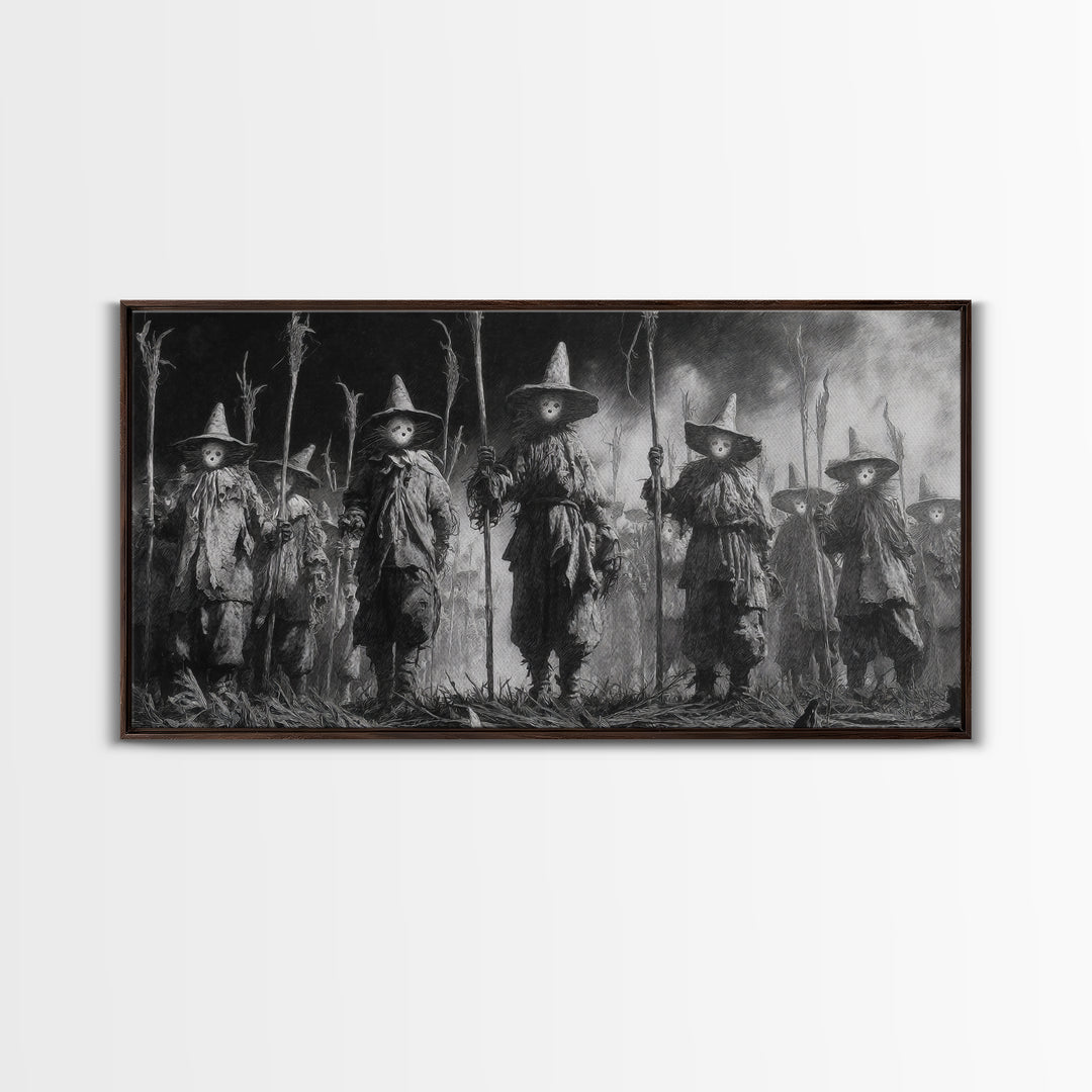 The Scarecrow Uprising, Symbolist Dream Art, Wide Panoramic Art, Dark Fantasy Wall Art, Framed Canvas Print, Halloween Wall Art