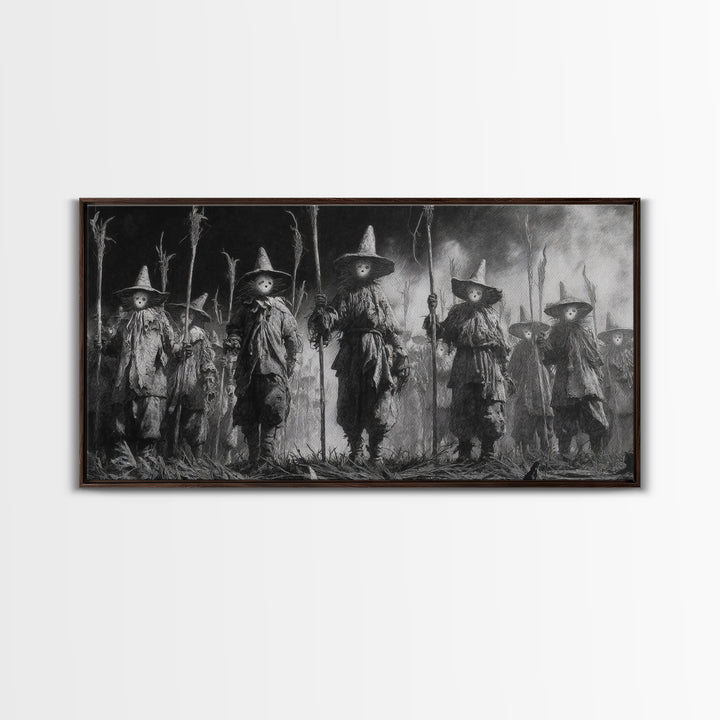 The Scarecrow Uprising, Symbolist Dream Art, Wide Panoramic Art, Dark Fantasy Wall Art, Framed Canvas Print, Halloween Wall Art