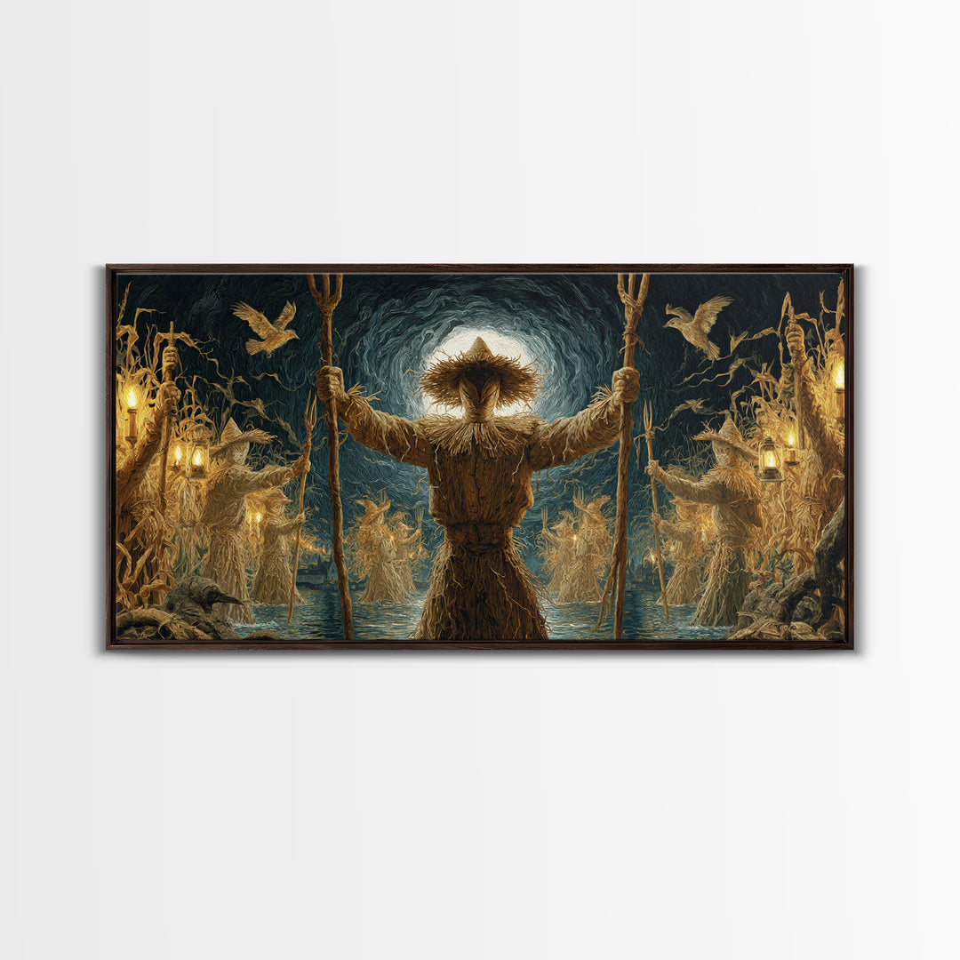 The Scarecrow Uprising, Symbolist Gothic Landscape, Wide Panoramic Art, Macabre Wall Art, Framed Canvas Print, Halloween Wall Art