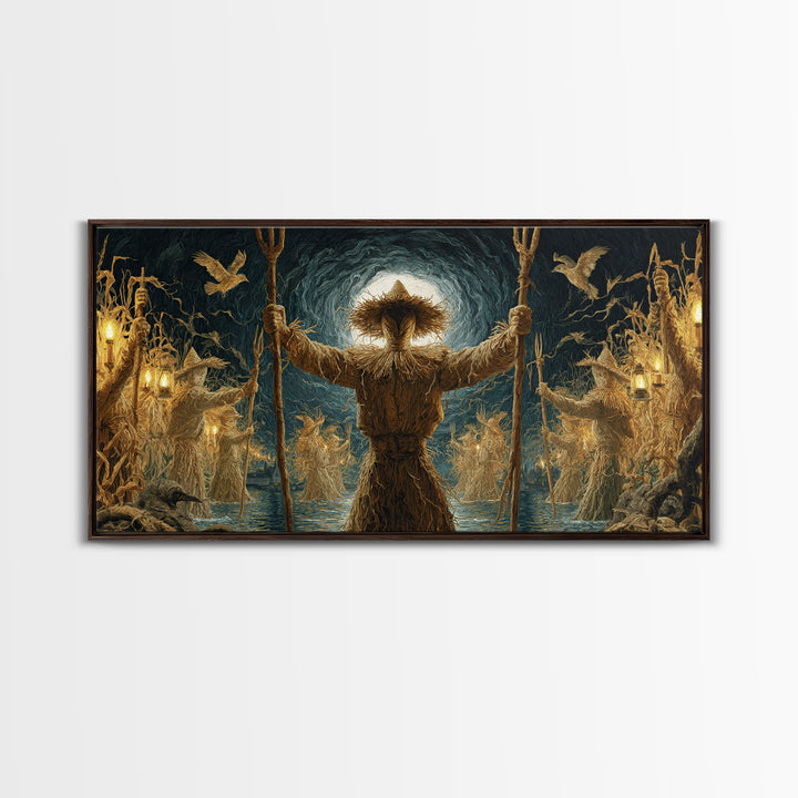 The Scarecrow Uprising, Symbolist Gothic Landscape, Wide Panoramic Art, Macabre Wall Art, Framed Canvas Print, Halloween Wall Art