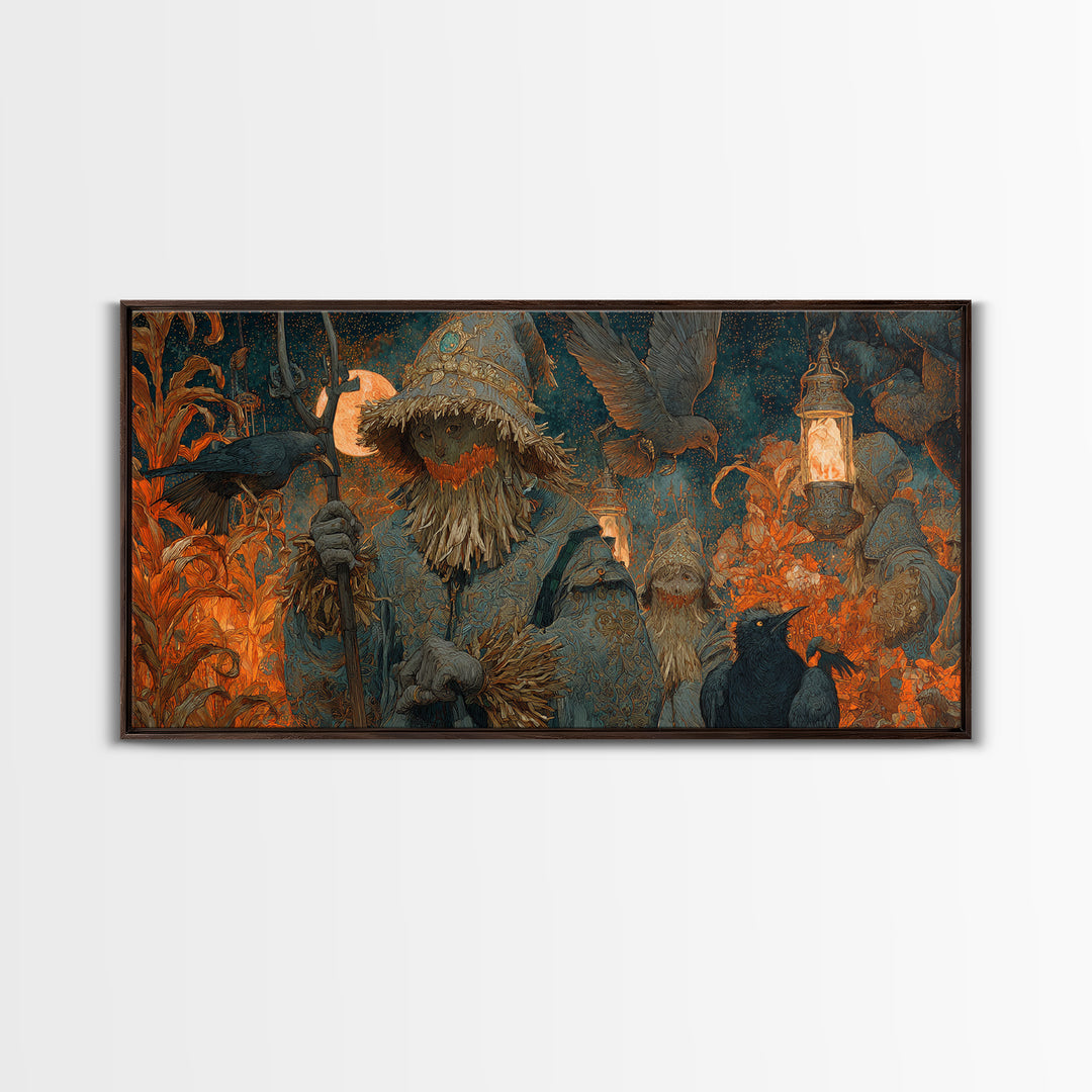 The Scarecrow Uprising, Ornate Symbolist Art, Wide Panoramic Art, Gothic Horror Wall Art, Framed Canvas Print, Halloween Wall Art