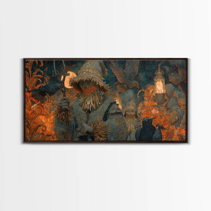 The Scarecrow Uprising, Ornate Symbolist Art, Wide Panoramic Art, Gothic Horror Wall Art, Framed Canvas Print, Halloween Wall Art