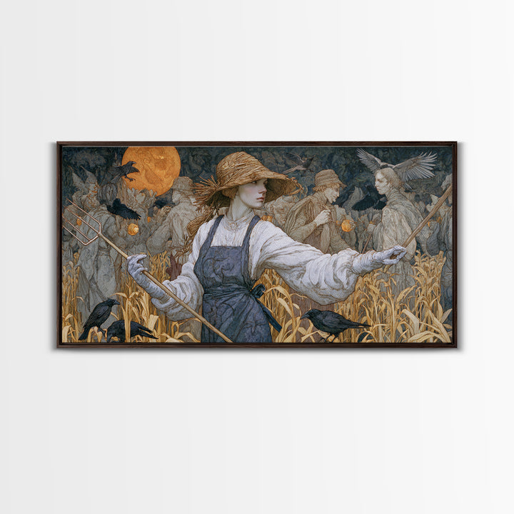 The Scarecrow Uprising, Symbolist Death Art, Wide Panoramic Art, Macabre Wall Art, Framed Canvas Print, Halloween Wall Art