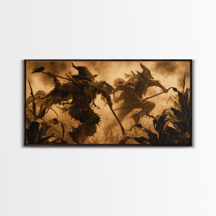 The Scarecrow Uprising, Dark Symbolist Art, Wide Panoramic Art, Macabre Wall Art, Framed Canvas Print, Halloween Wall Art