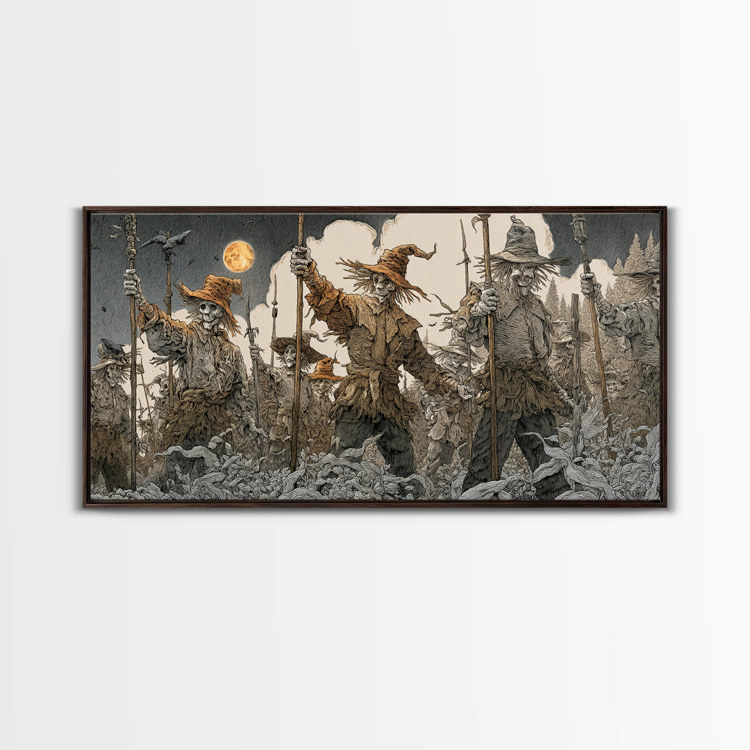 The Scarecrow Uprising, Symbolist Etching Art, Wide Panoramic Art, Macabre Wall Art, Canvas Print, Halloween Wall Art, Statement Wall Art