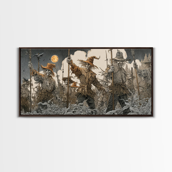 The Scarecrow Uprising, Symbolist Etching Art, Wide Panoramic Art, Macabre Wall Art, Canvas Print, Halloween Wall Art, Statement Wall Art