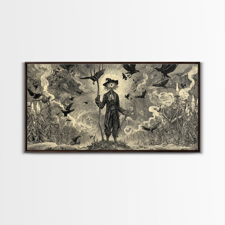 The Scarecrow Uprising, Expressionist Nightmare Art, Wide Panoramic Art, Dark Halloween Decor, Canvas Print, Halloween Wall Art