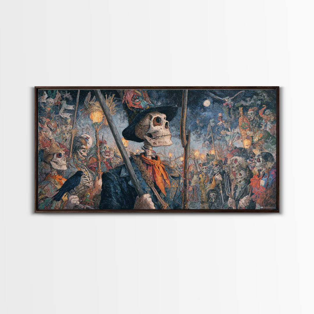 The Scarecrow Uprising, Grotesque Carnival Art, Wide Panoramic Art, Dark Halloween Decor, Framed Canvas Print, Halloween Wall Art
