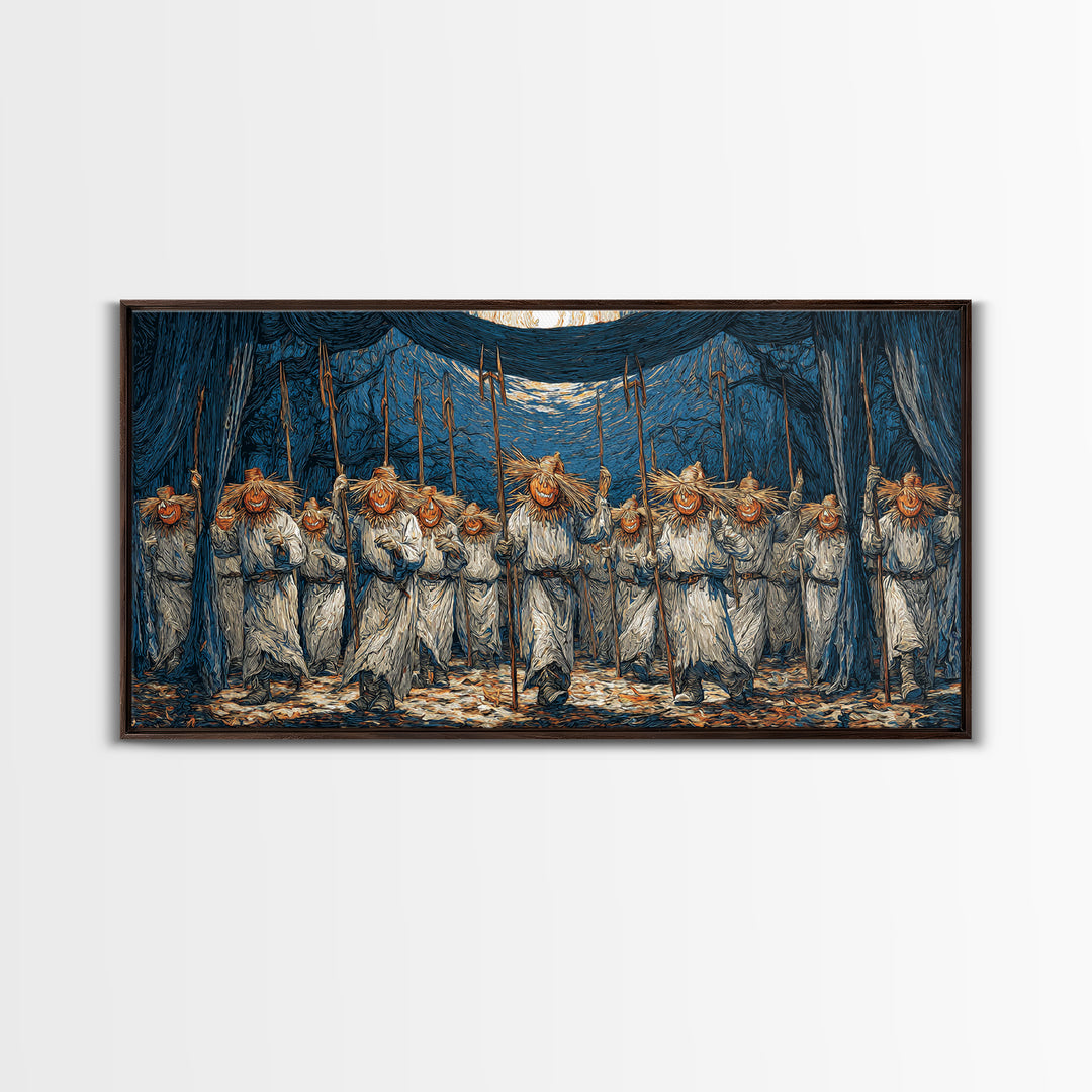 The Scarecrow Uprising, Expressionist Gothic Art, Wide Panoramic Art, Macabre Wall Art, Framed Canvas Print, Halloween Wall Art