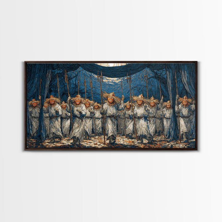 The Scarecrow Uprising, Expressionist Gothic Art, Wide Panoramic Art, Macabre Wall Art, Framed Canvas Print, Halloween Wall Art