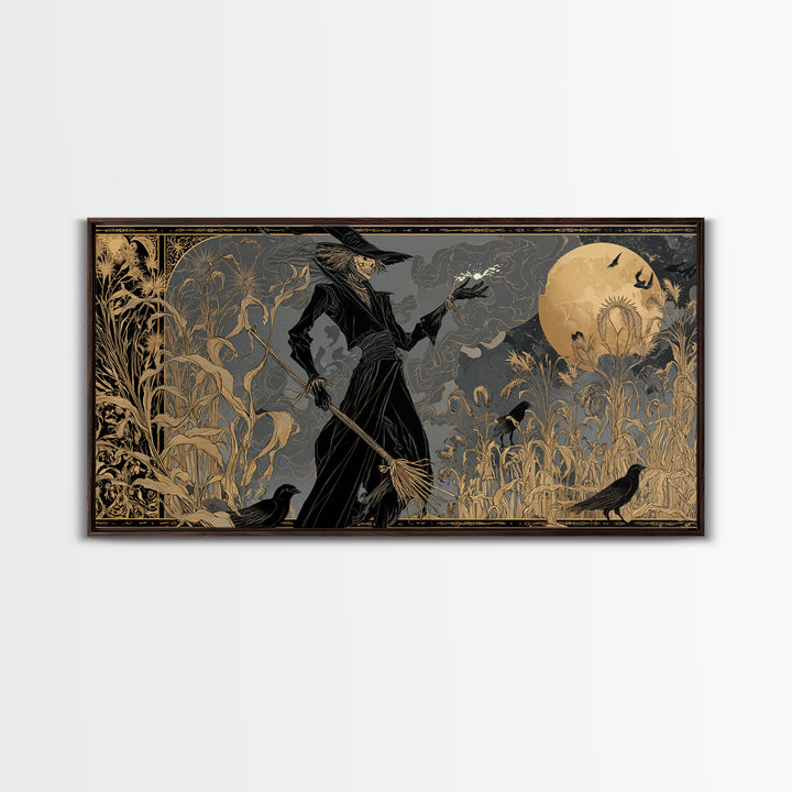 The Scarecrow Uprising, Decadent Line Art, Wide Panoramic Art, Dark Halloween Decor, Framed Canvas Print, Halloween Wall Art