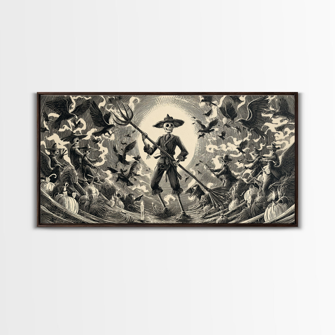 The Scarecrow Uprising, Macabre Folk Print Art, Wide Panoramic Art, Dark Fantasy Wall Art, Canvas Print, Halloween Wall Art