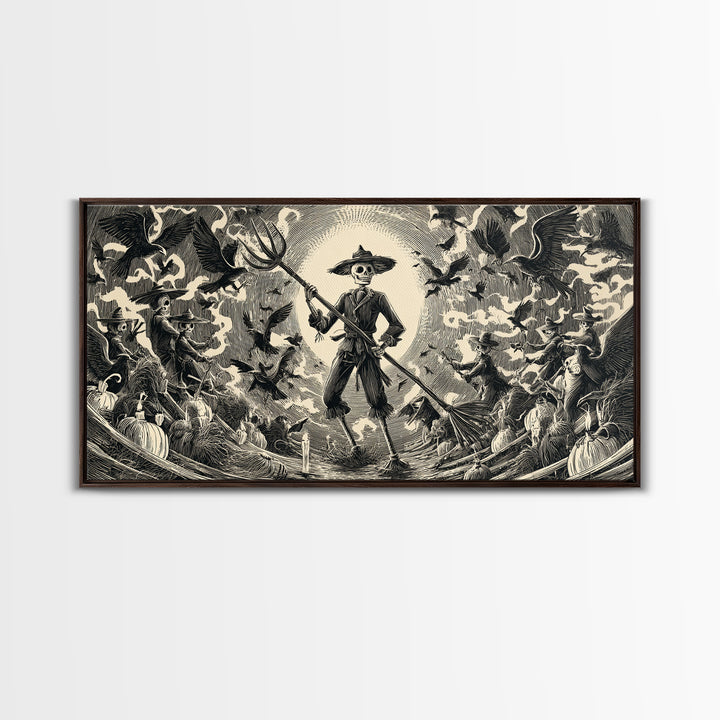 The Scarecrow Uprising, Macabre Folk Print Art, Wide Panoramic Art, Dark Fantasy Wall Art, Canvas Print, Halloween Wall Art